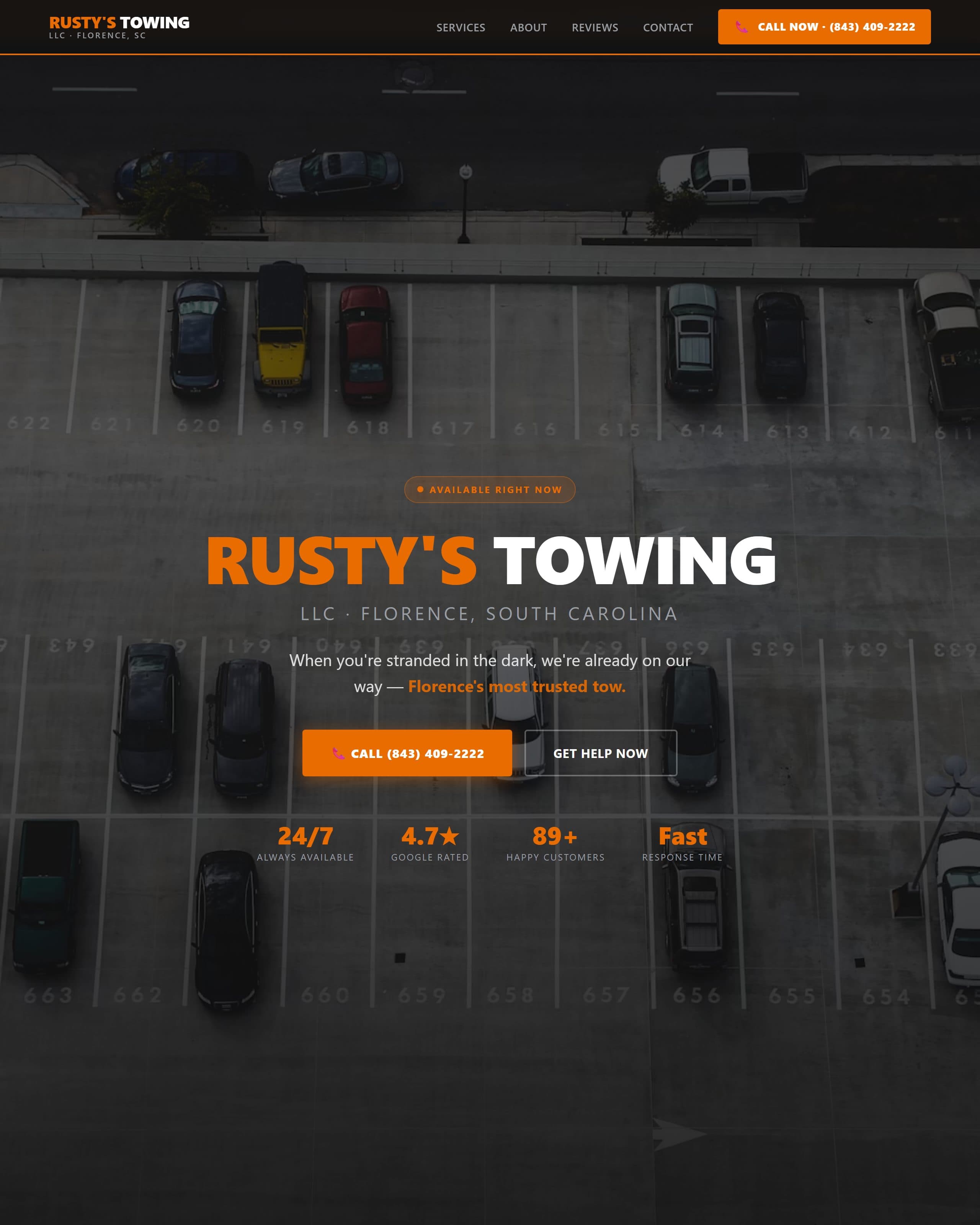 The finished website we built for Rusty's Towing, a 24/7 towing in Florence, SC