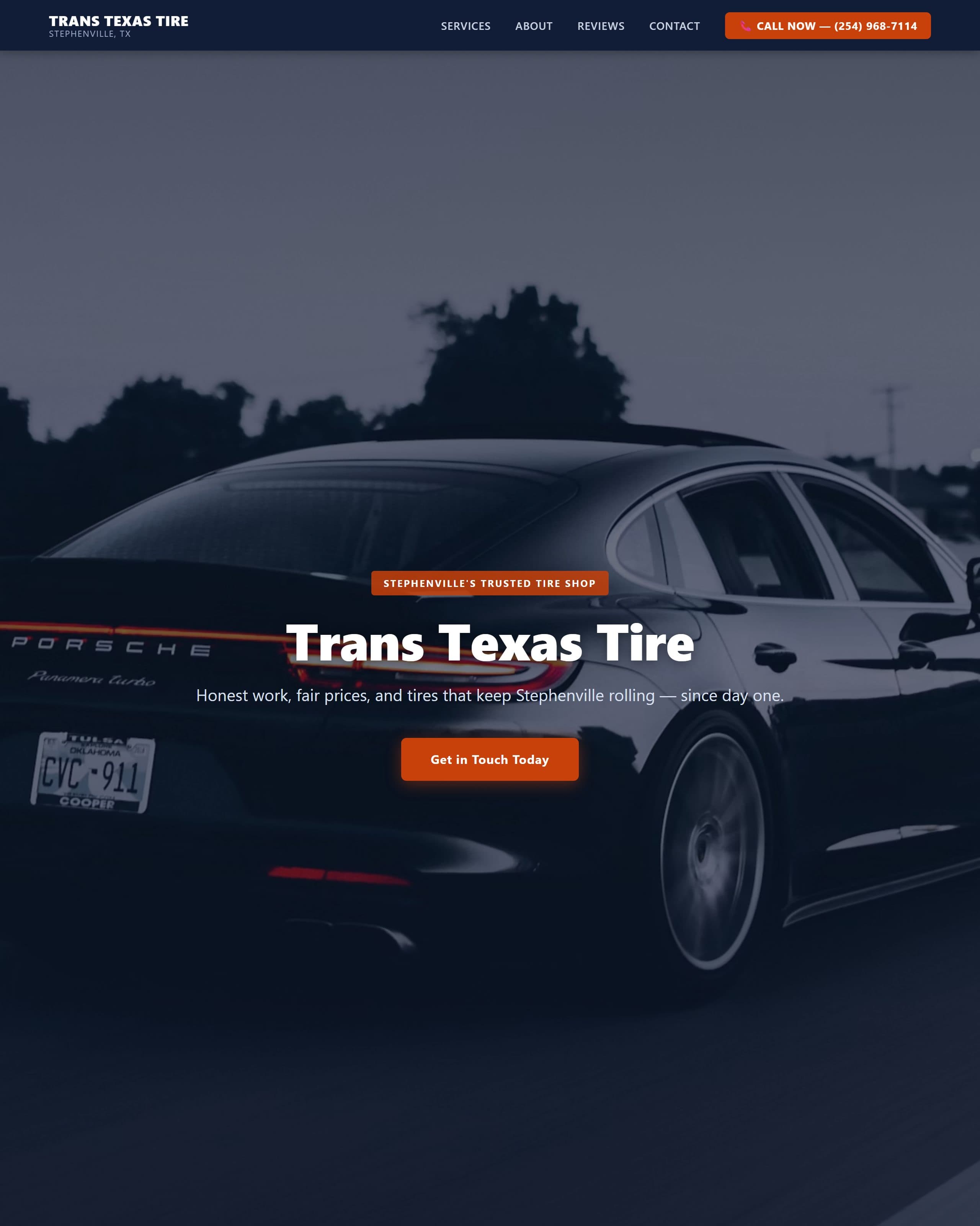 The finished website we built for Trans Texas Tire, a tire & auto shop in Stephenville, TX